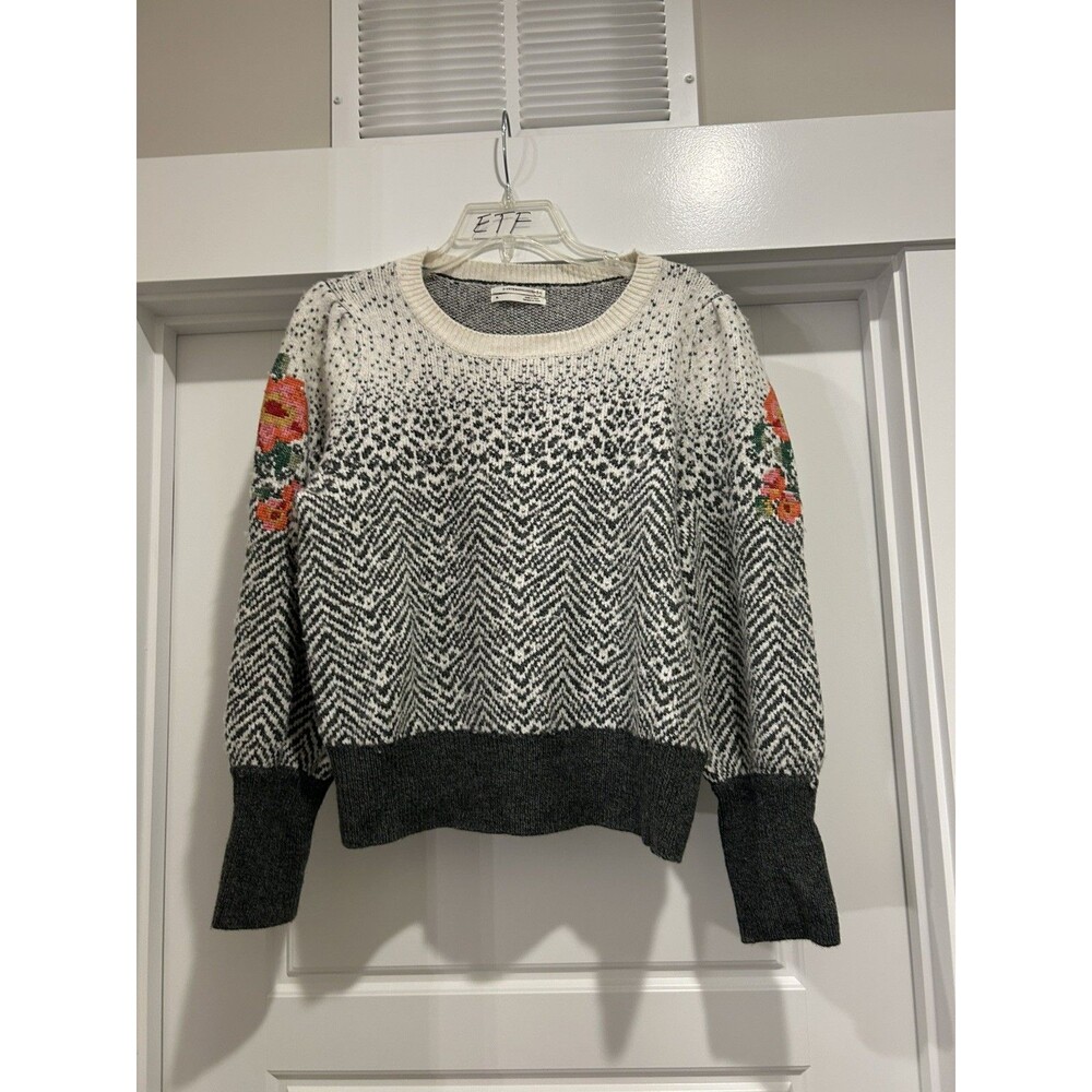 Anthropologie Karolina Sweater Women’s XL Gray Chevron Floral Embroidered Wool